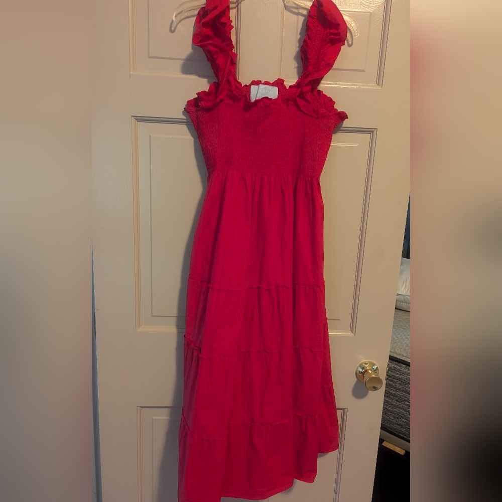 Hill House Scarlet Ruffle-Shoulder Midi Dress